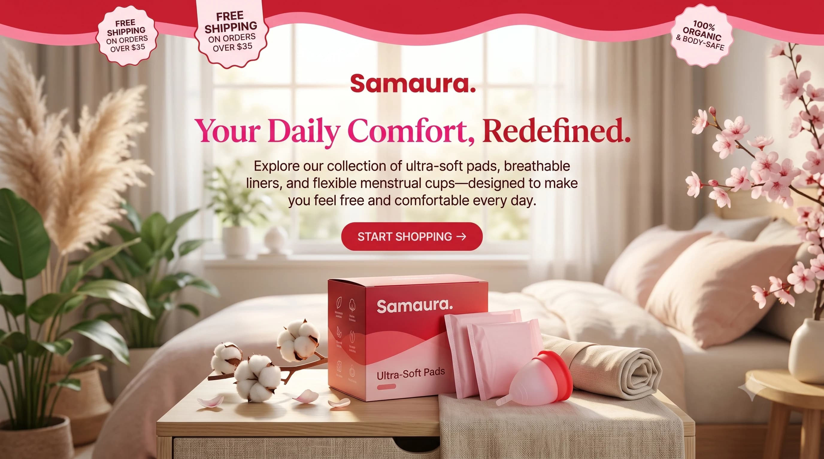 Samaura - Your Daily Comfort, Redefined. Soft pads, breathable liners, and flexible menstrual cups.